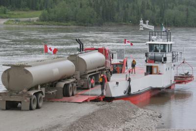 A fuel tanker loads on the George Black ferry at Dawson City.