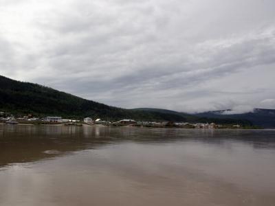 Dawson City seen from the middle of the river on the ferry