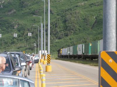 Lineup waiting for train to pass.