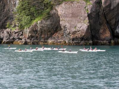 A group of sea kayakers near the mouth of Port Valdez